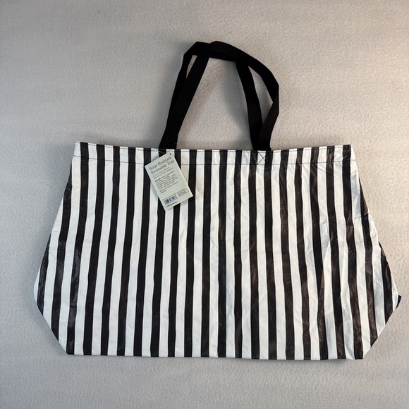 Open Story Water Resistant Reversible Tote Bag Black White Stripe NWT - Picture 3 of 6